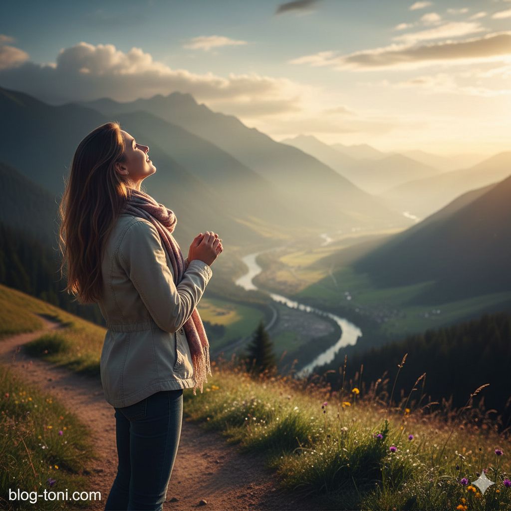 Девушка наслаждается видом гор на закате во время прогулки — акцент на эмоциях и умиротворении.
